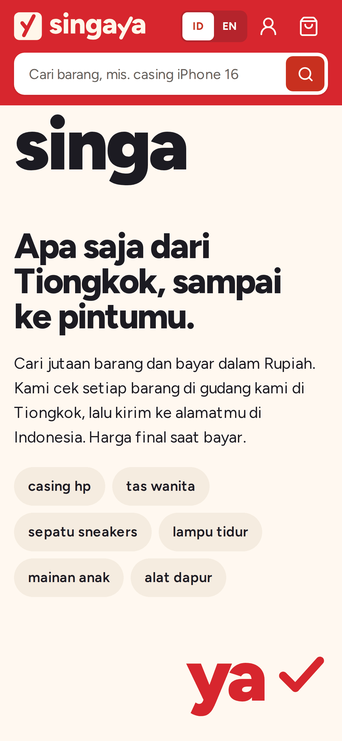 Tangkapan layar Singaya: beranda, di ponsel