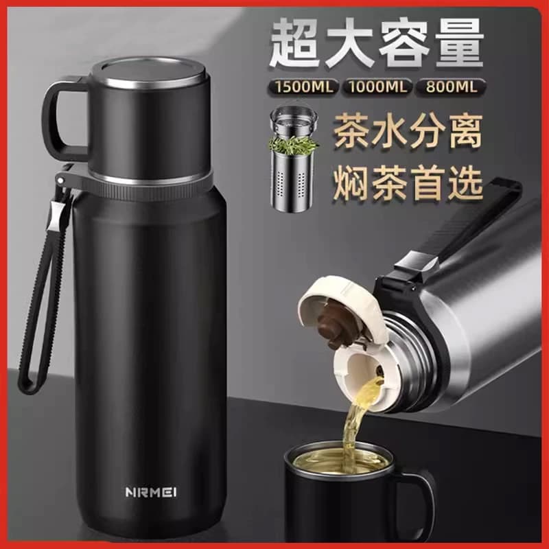 Termos Air Stainless Steel 316 Kapasitas Besar 800-1500ml Portable dengan Pemisah Teh