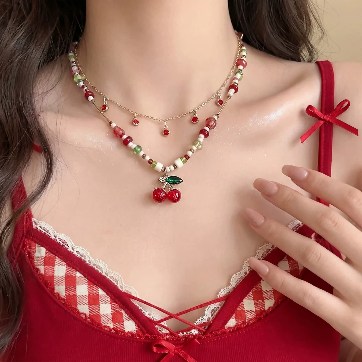 Kalung Susun Manik Cherry Merah Gaya Manis Edgy Wanita - Brand Tang Ha Ha