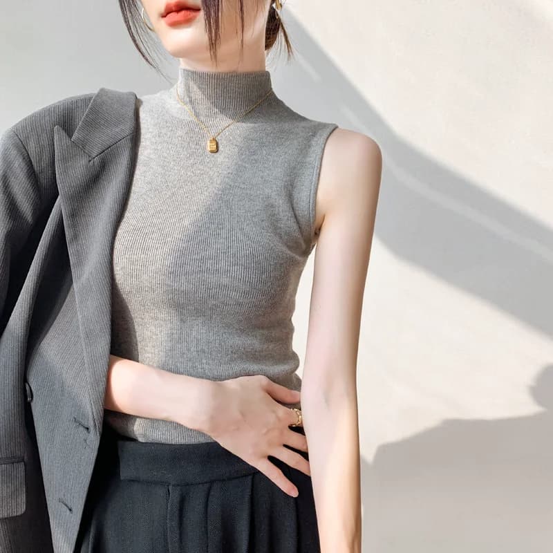 Rompi Tanpa Lengan Wanita Leher Setengah Tinggi Bahan Rajut Wol Slim Fit