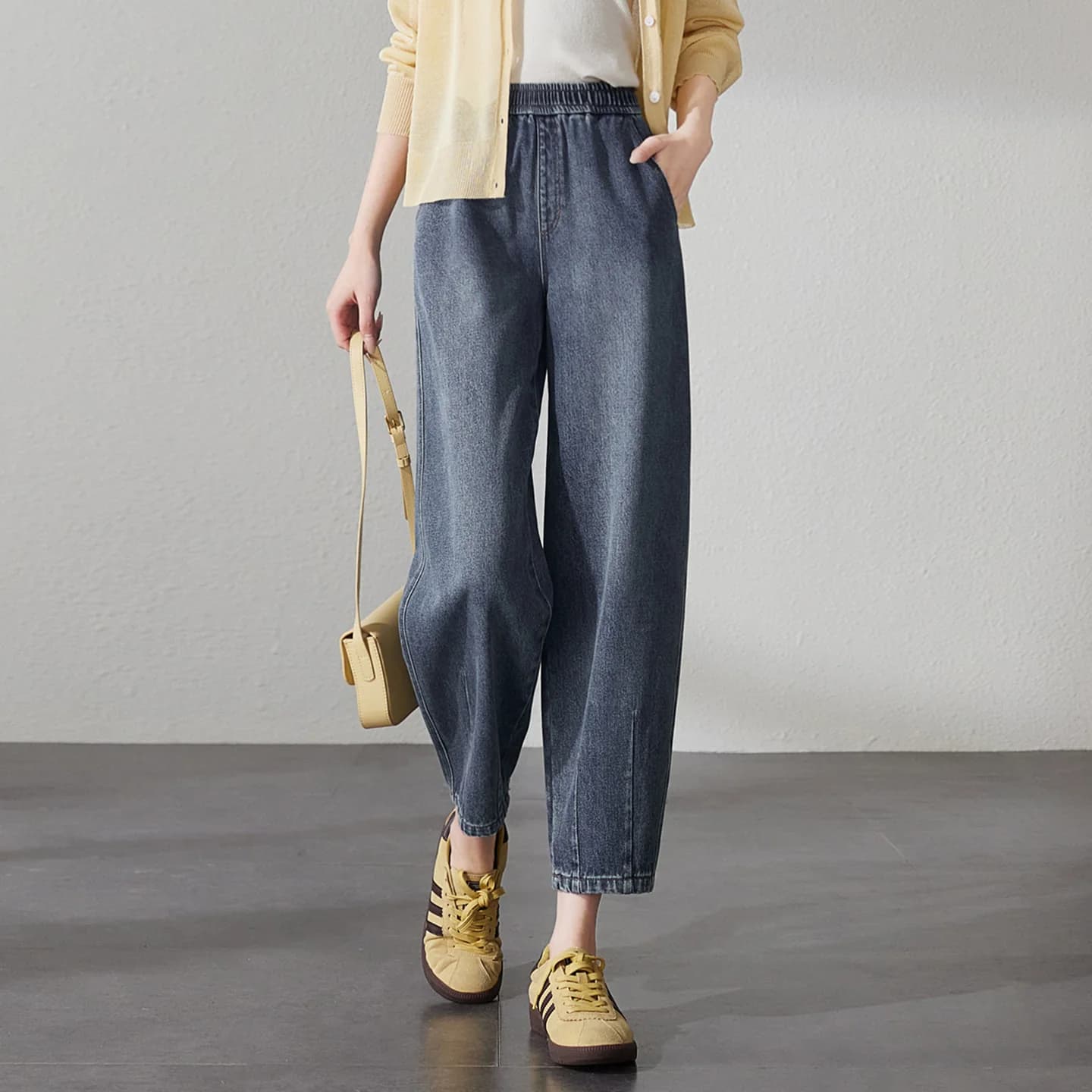 Celana Jeans Wanita TOUCH MISS Retro Pinggang Tinggi Harem 9 Bagian Musim Semi