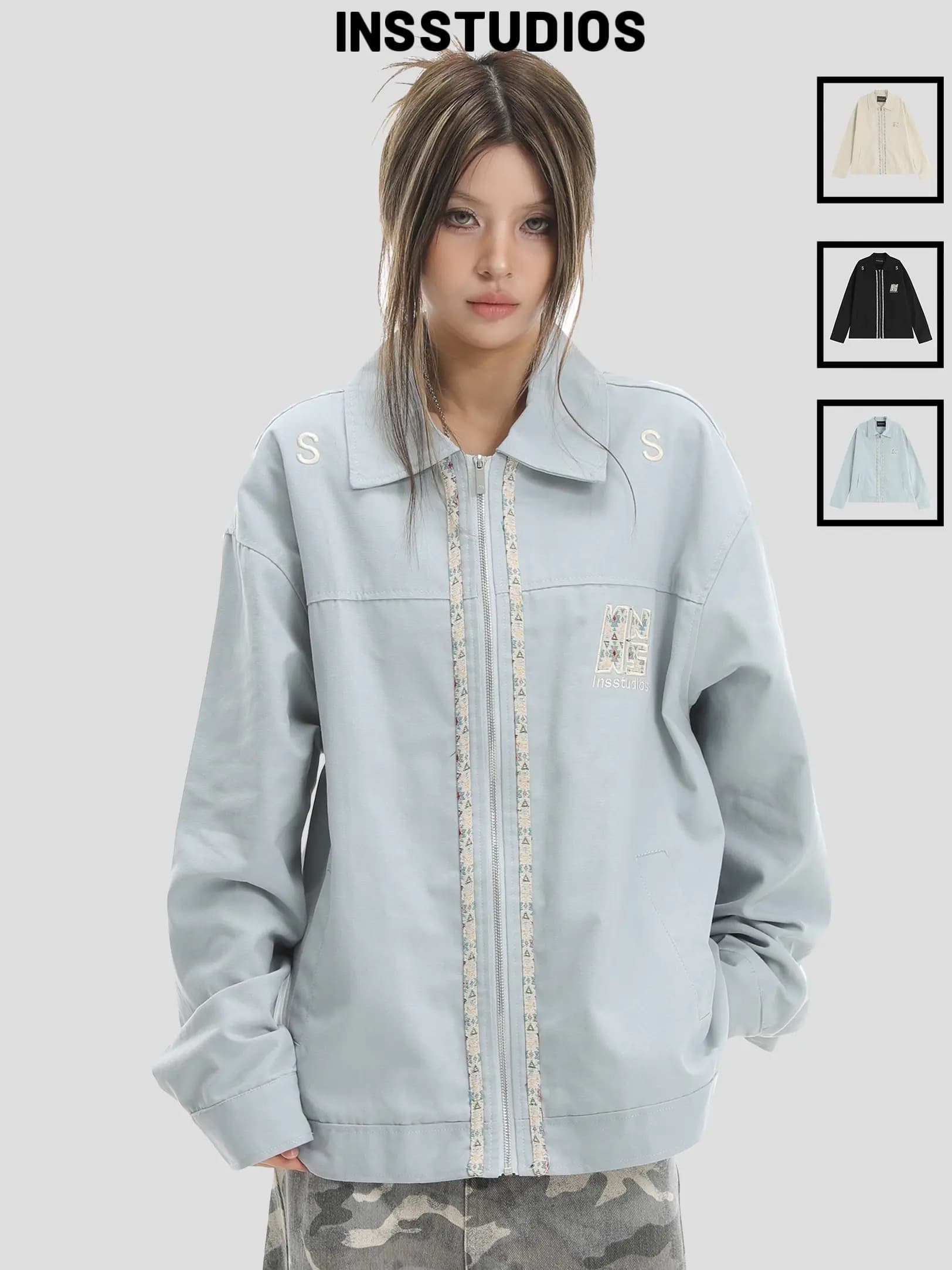 Insstudios Jaket Kerja Pria Longgar Kerah Lipat Gaya Vintage Amerika dengan Aksen Tali Logo