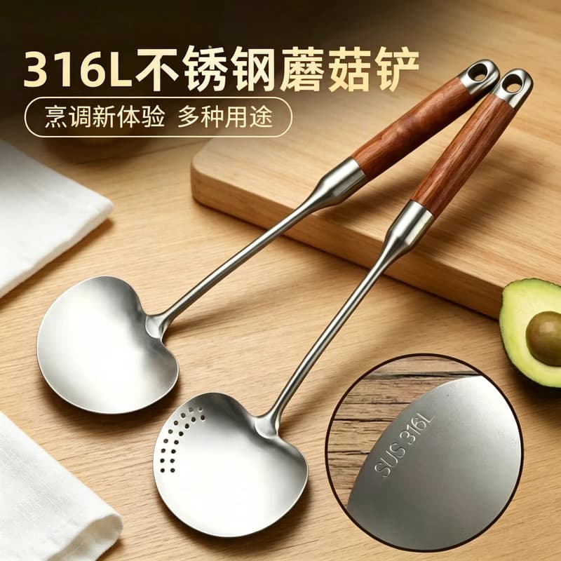 Spatula Masak Stainless Steel 316 Bentuk Jamur dengan Gagang Kayu Food Grade untuk Wajan