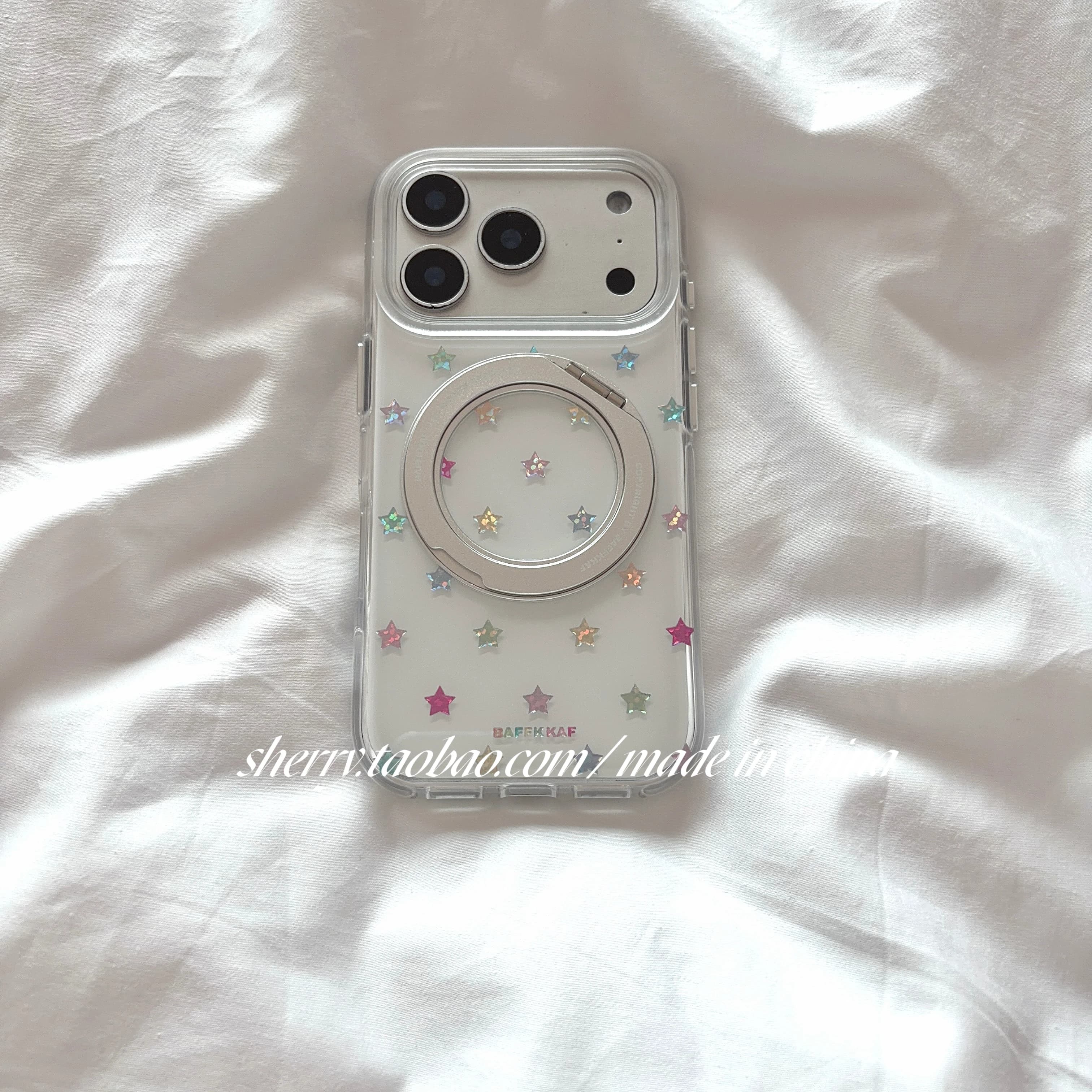 Casing iPhone 17 Pro Max Ins Putih Bintang Warni Dudukan Putar Minimalis