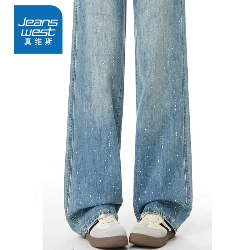 Jeanswest Celana Jeans Wanita Kaki Lebar Pinggang Tinggi Biru Muda Hiasan Berlian Hotfix