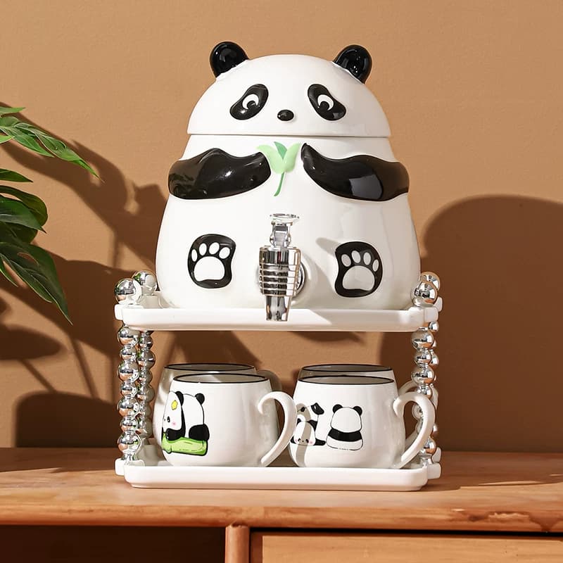 Dispenser Air Dingin Panda 2L/3.5L dengan Keran, Rak Keramik Dua Lapis, Set Cangkir Panda
