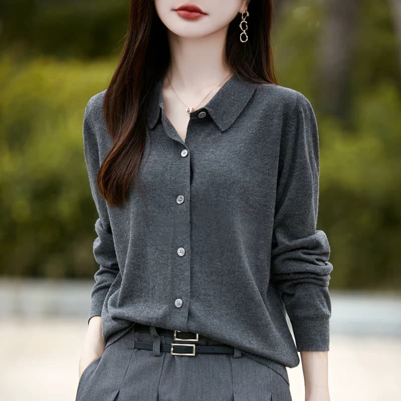 Cardigan Rajut Wanita Kerah Polo Lengan Panjang Gaya Prancis Blok Warna