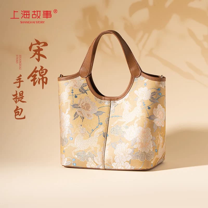 Tas Kulit Asli Gaya Tiongkok Motif Peony Qilin, Tas Keranjang Sayur Hadiah Orang Tua