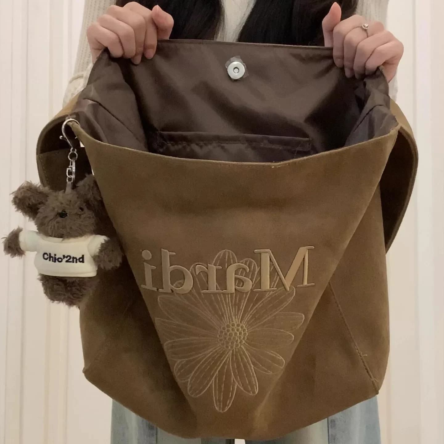 STELU Tas Tote Suede Bordir 3D Retro Wanita Kapasitas Besar Kasual Kerja Selempang
