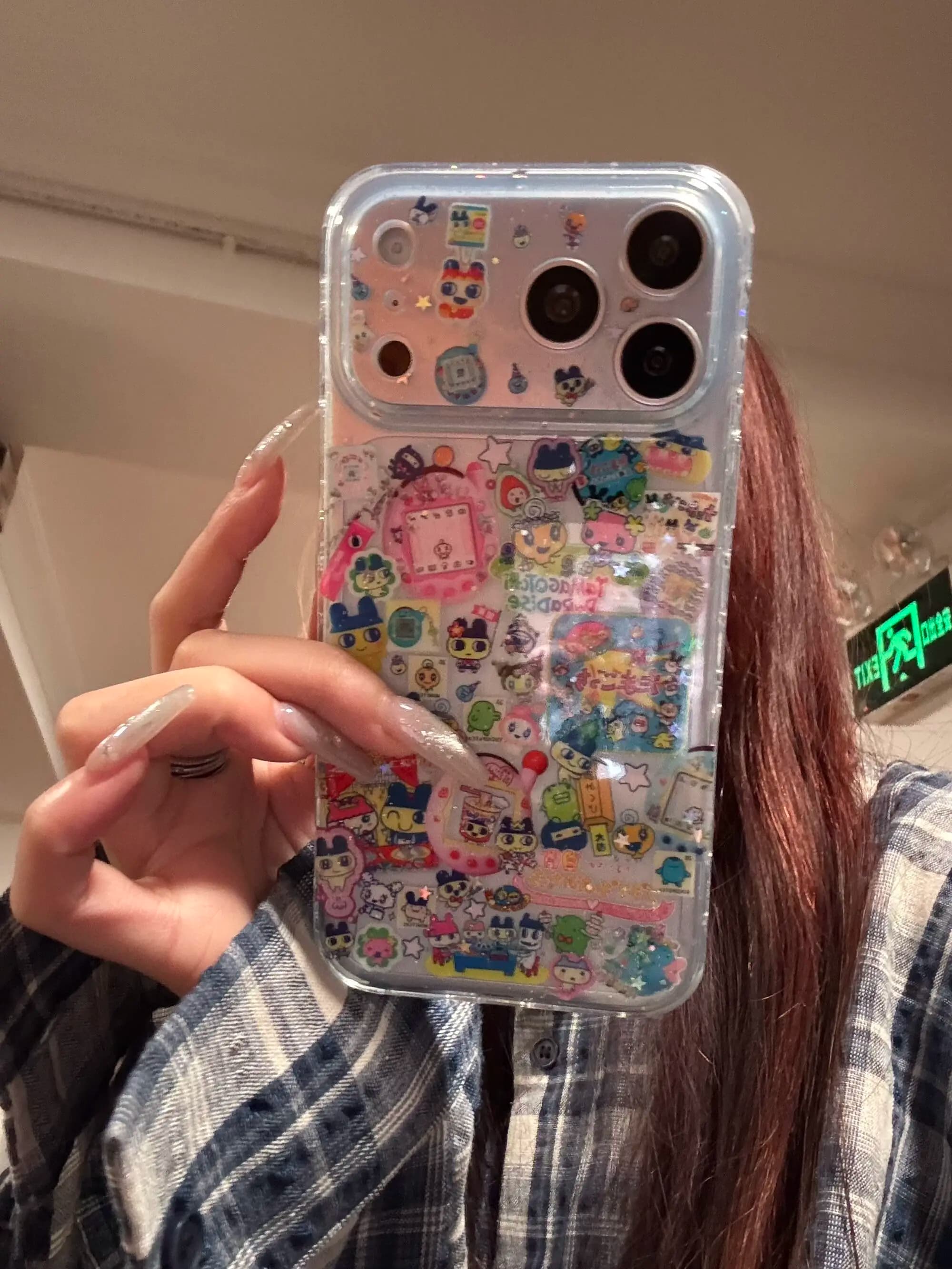 Casing HP iPhone 17 Pro Max Transparan Motif Tamagotchi Glitter Korea Lucu
