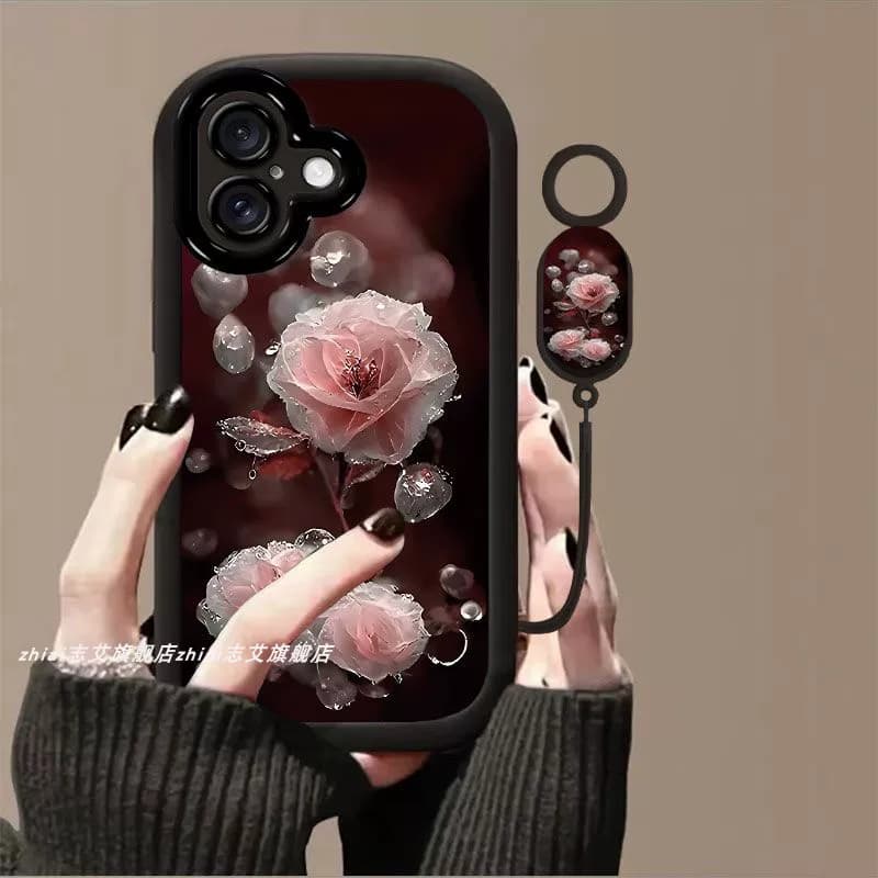 Casing Silikon Tali Gantung Bunga Mawar Glitter untuk iPhone 16 Pro, 17, 18 Pro Max