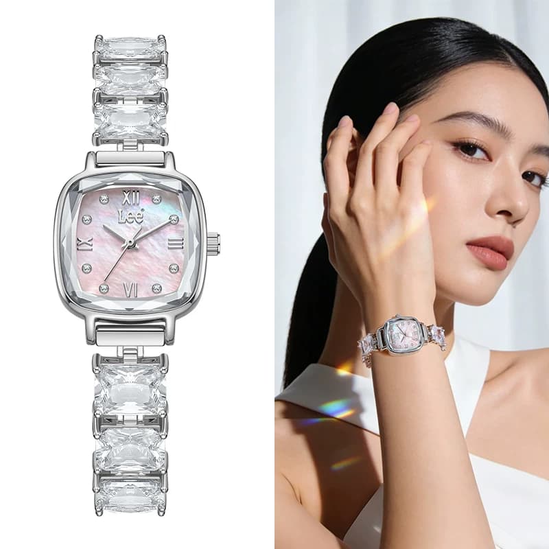 Jam Tangan Wanita Lee F538 Dial Mini Tekstur Kuarsa Berhias Kristal Model Rantai Baja