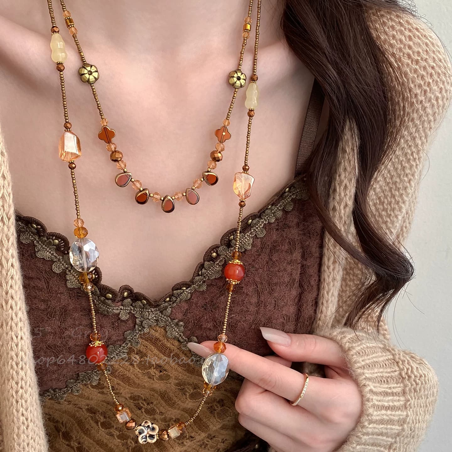 Kalung Wanita Gaya Tionghoa Susun Dua Lapis Rantai Sweater Vintage Panjang Manik