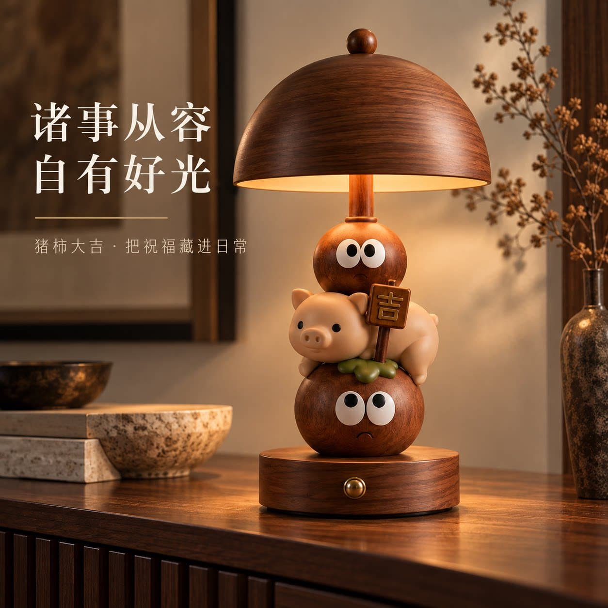 Lampu Malam Dekorasi Retro Motif Kayu Babi Kesemek Keberuntungan