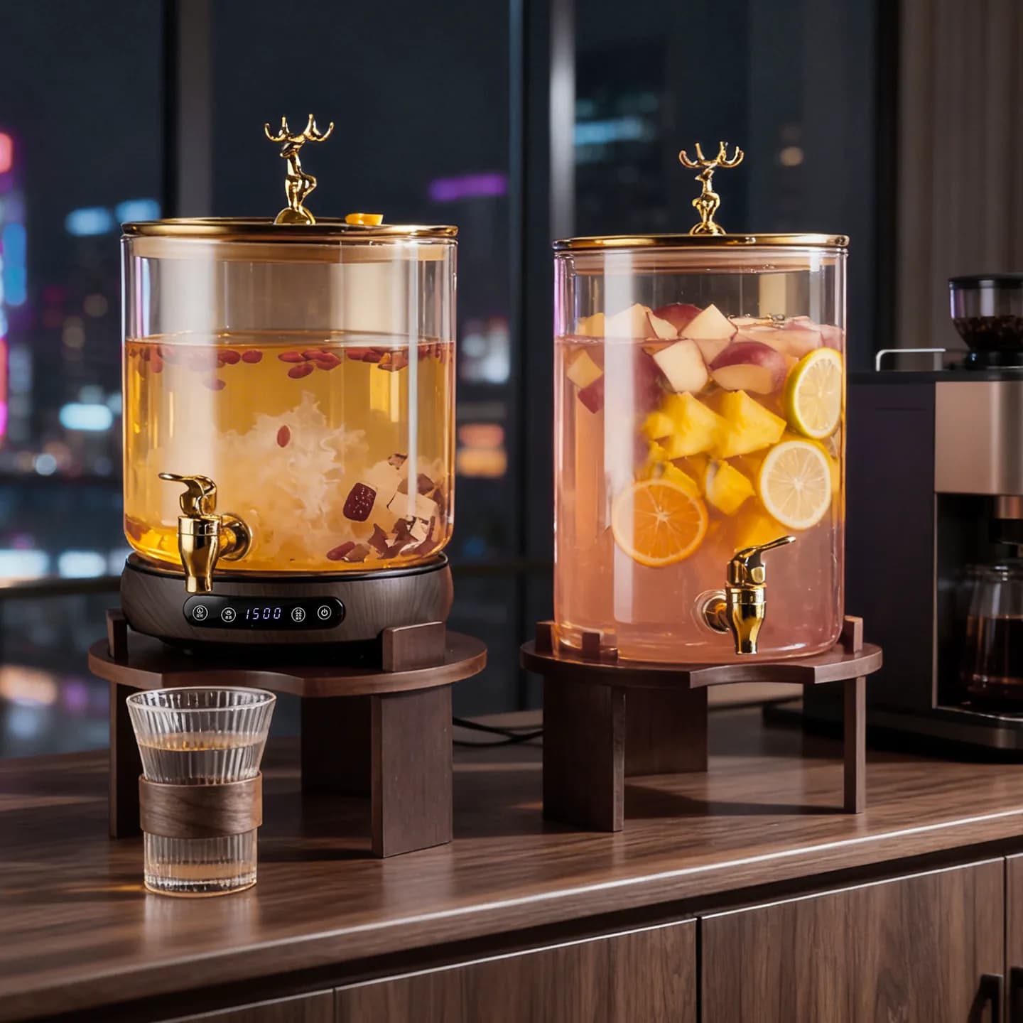 Teko Kaca Borosilikat Tahan Panas dengan Dudukan Kayu, Dispenser Minuman Termos 8L Gaya Cina dengan Pemanas