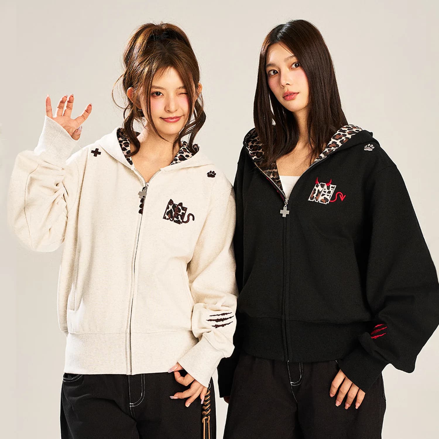 NSTNEW START Hoodie Resleting Unisex Gaya Amerika Motif Macan Tutul Bordir Iblis