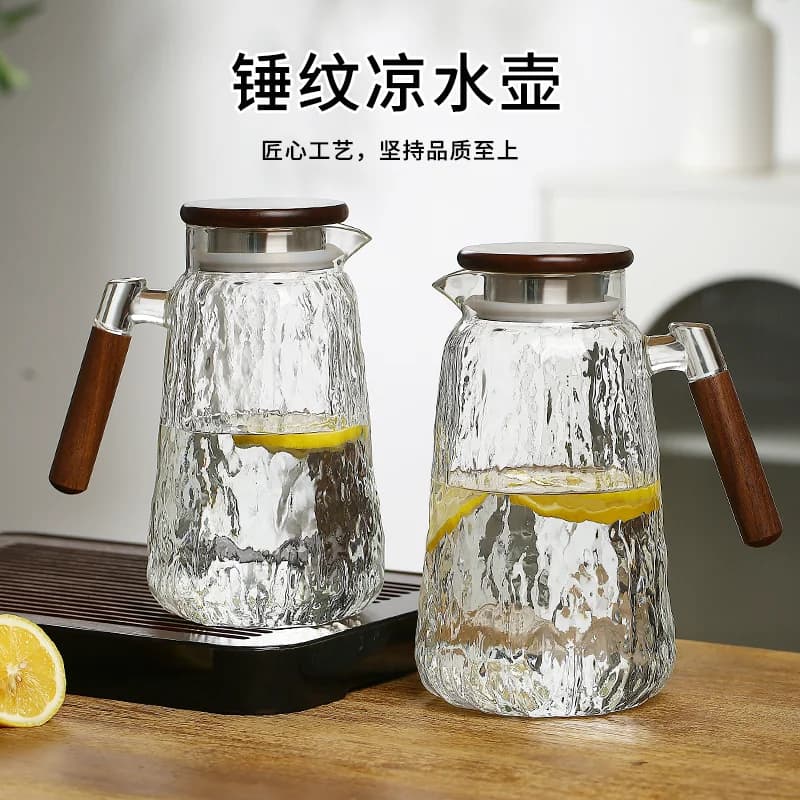 Teko Air Kaca Dingin Tahan Panas Besar 1L+ Dengan Gagang Kayu Walnut, Cocok Untuk Cold Brew