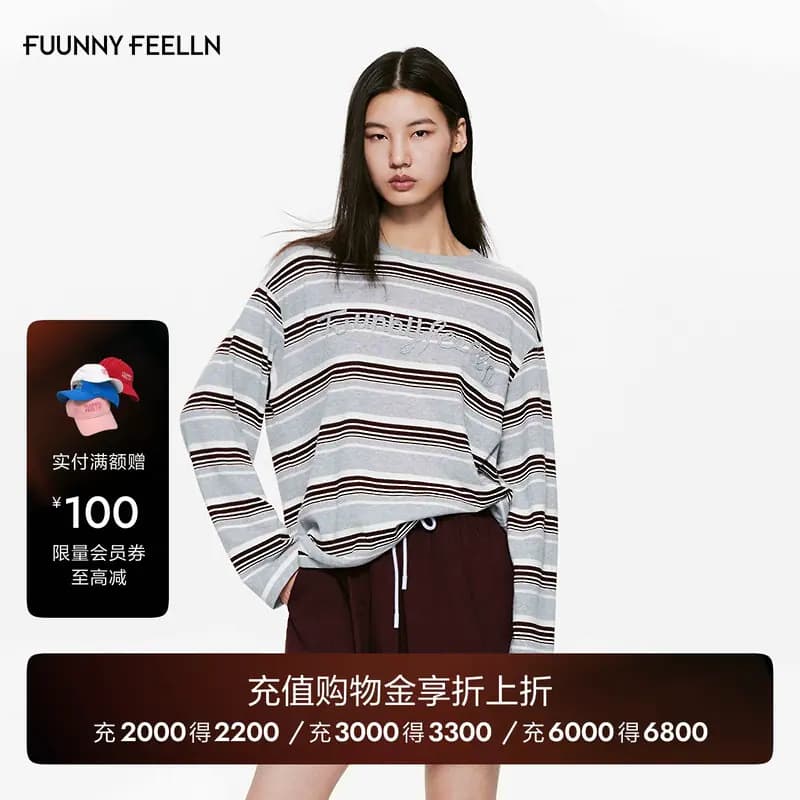 FUUNNY FEELLN Kaos Lengan Panjang Wanita Bergaris Katun Longgar Kerah Bulat 2026