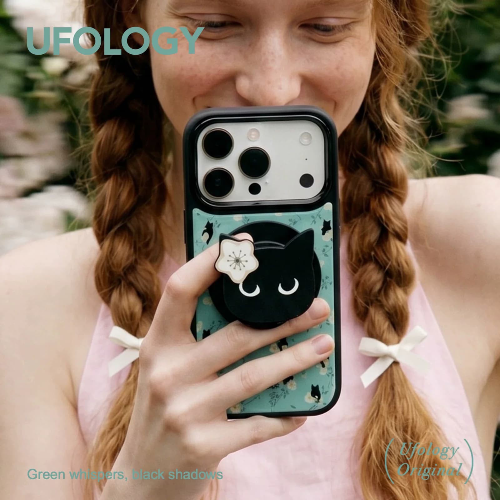 Casing HP Magnetik UFOLOGY Motif Bunga Kucing untuk iPhone 15 Pro, 16 Pro Max, 17 Pro Max